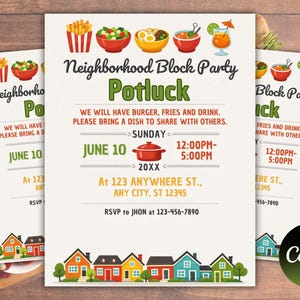 Może przedstawiać: Trzy zaproszenia na przyjęcie sąsiedzkie typu potluck. Zaproszenia zawierają ilustracje jedzenia, domów i tekst "Potluck na przyjęcie sąsiedzkie". Data to 10 czerwca, w godzinach od 12:00 do 17:00.