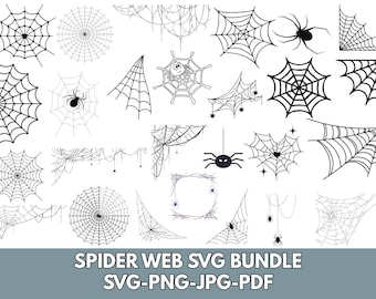 Puede incluir: Una colección de diseños de telarañas en blanco y negro de varias formas y tamaños. Algunas telarañas tienen arañas, y otras son patrones geométricos simples. El texto "SPIDER WEB SVG BUNDLE SVG-PNG-JPG-PDF" está en la parte inferior.