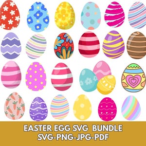 May include: A collection of colorful Easter eggs with various designs, including floral patterns, stripes, and polka dots. The eggs are in shades of blue, pink, yellow, green, and purple. Text at the bottom reads "EASTER EGG SVG BUNDLE SVG-PNG-JPG-PDF".