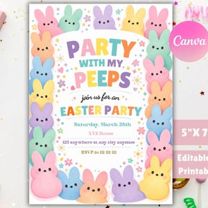 May include: A colorful Easter party invitation featuring pastel-colored bunny characters. The invitation reads "Party with my Peeps" and includes event details. The card measures 5" x 7" and is editable and printable.