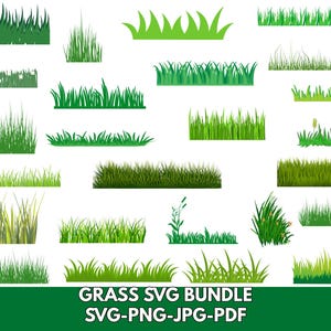 Könnte beinhalten: Eine Sammlung verschiedener grüner Grasillustrationen in verschiedenen Stilen. Das Bild enthält eine Vielzahl von Grasdesigns, von einfachen Umrissen bis hin zu detaillierten, strukturierten Darstellungen. Der Text unten lautet "GRASS SVG BUNDLE SVG-PNG-JPG-PDF".