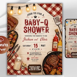 May include: Baby-Q shower invitation with a rustic design. The invitation features text that reads "Join us for a Baby-Q Shower" and includes details for the event. The design includes barbecue-themed graphics and a red and white checkered pattern.