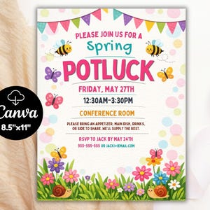 May include: A colorful spring potluck invitation with the text "Please join us for a Spring Potluck". The design includes bees, butterflies, flowers, and a snail. The invitation is 8.5" x 11" and includes the date, time, and RSVP information.