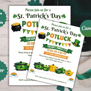 Op de afbeelding: Twee uitnodigingen voor een St. Patrick's Day potluck. De uitnodigingen zijn wit met groene en gouden accenten, met een pot goud, klavers en een leprechaun hoed. De uitnodigingen zijn 21,59 cm x 27,94 cm en zijn bewerkbaar en printbaar.