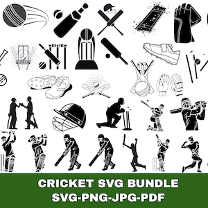 Puede incluir: Una colección de gráficos SVG en blanco y negro con temática de cricket. La imagen incluye bates, pelotas, wickets, zapatos, cascos y jugadores en acción. El texto en la parte inferior dice "CRICKET SVG BUNDLE SVG-PNG-JPG-PDF".