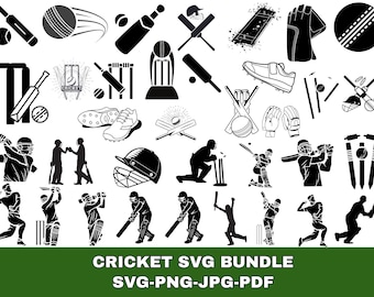 Paquete de vectores de siluetas de críquet: bates, jugadores SVG PNG PDF