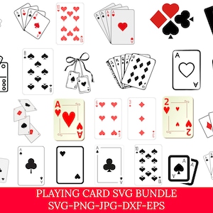 May include: A collection of black and white graphic illustrations featuring various playing cards, including aces, numbered cards, and face cards with heart, diamond, club, and spade suits, along with dominoes and cards tied with a ribbon.