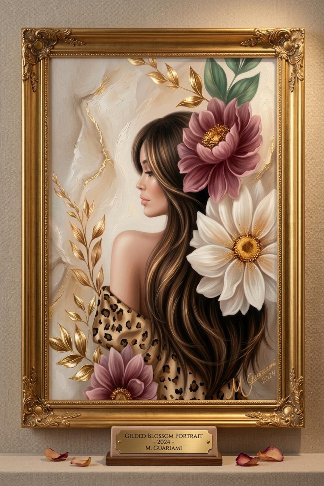 Floral Woman Portrait | Botanical Gold Accents, Romantic Wall Art ...