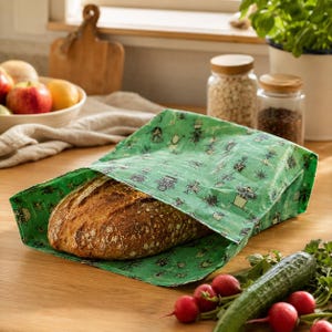 Könnte beinhalten: Ein grüner Brotbeutel aus Stoff mit einem sich wiederholenden Muster aus Topfpflanzen und botanischen Illustrationen. Der Beutel ist teilweise geöffnet und gibt den Blick auf einen knusprigen Brotlaib frei. Der Stoff hat eine texturierte Optik.