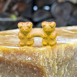 Könnte beinhalten: Zwei bernsteinfarbene Gummibärchen, die an den Pfoten verbunden sind. Die Gummibärchen sitzen auf einer großen, strukturierten, hellbraunen Oberfläche. Der Hintergrund ist verschwommen, mit Andeutungen von Grün und dunklen Formen.