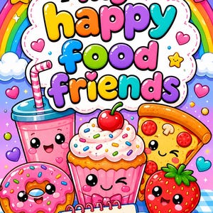 Könnte beinhalten: Bunte Illustration mit dem Text "my happy food friends" über lächelnden Lebensmittel-Charakteren. Enthält ein rosa Getränk, einen Donut, einen Cupcake, ein Pizzastück und eine Erdbeere. Ein Notizblock listet Aktivitäten auf.