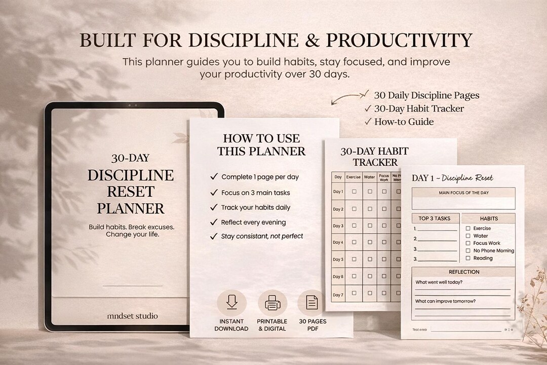 Discipline Planner 30-day Discipline Reset Planner | Habit Tracker, Goal Setting (digital ...