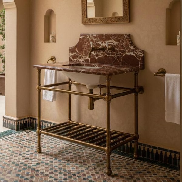 Lavabo de consola de latón macizo con acabado en bronce y estante inferior Tocador de mármol y toallero
