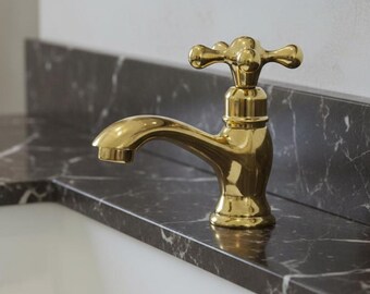 Handmade Solid Brass Bathroom Faucet – Polished Gold Basin Tap with Cross Handle, Vintage Vanity Mixer for Elegant Bathrooms