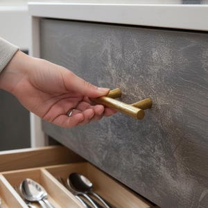 May include: A hand opening a kitchen drawer with a gold-colored handle. The drawer is made of gray wood with a textured finish. Inside the drawer, a wooden organizer holds silverware, including spoons and forks.
