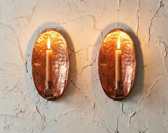 Pair of Unlacquered Copper Wall Candle Holder Hammered Oval Brass Style Sconce