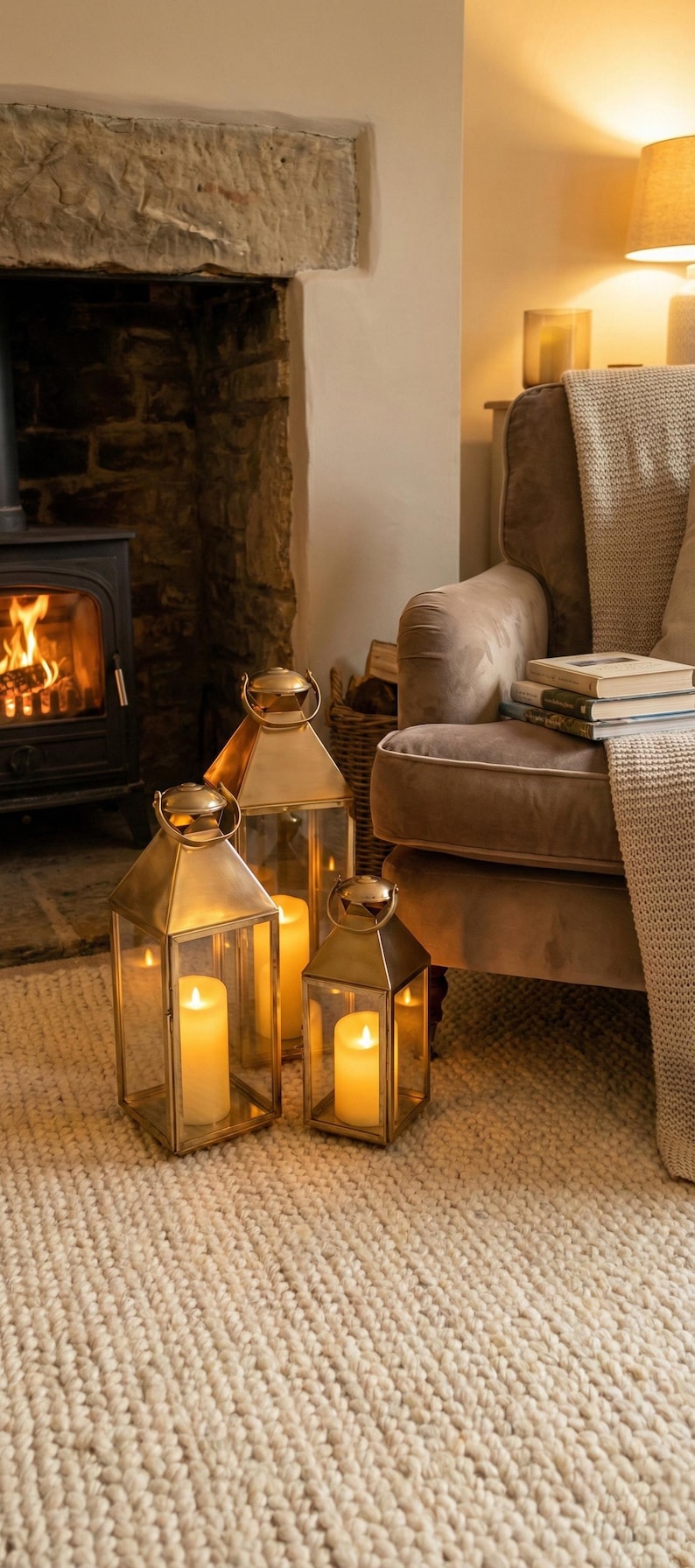 May include: Three gold-colored lanterns with glass panels and lit candles inside. The lanterns are different sizes and sit on a cream-colored rug. A fireplace and armchair are in the background.
