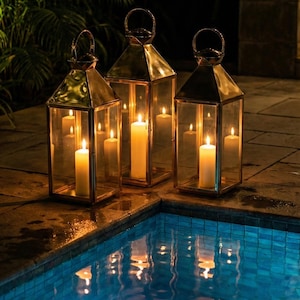 Handmade solid brass lantern candle holder with clear glass panels and polished brass finish