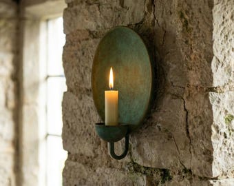 Handcrafted Copper Oxidated Wall-Mount Round Candle Holder, Brass Vintage Patina Sconce