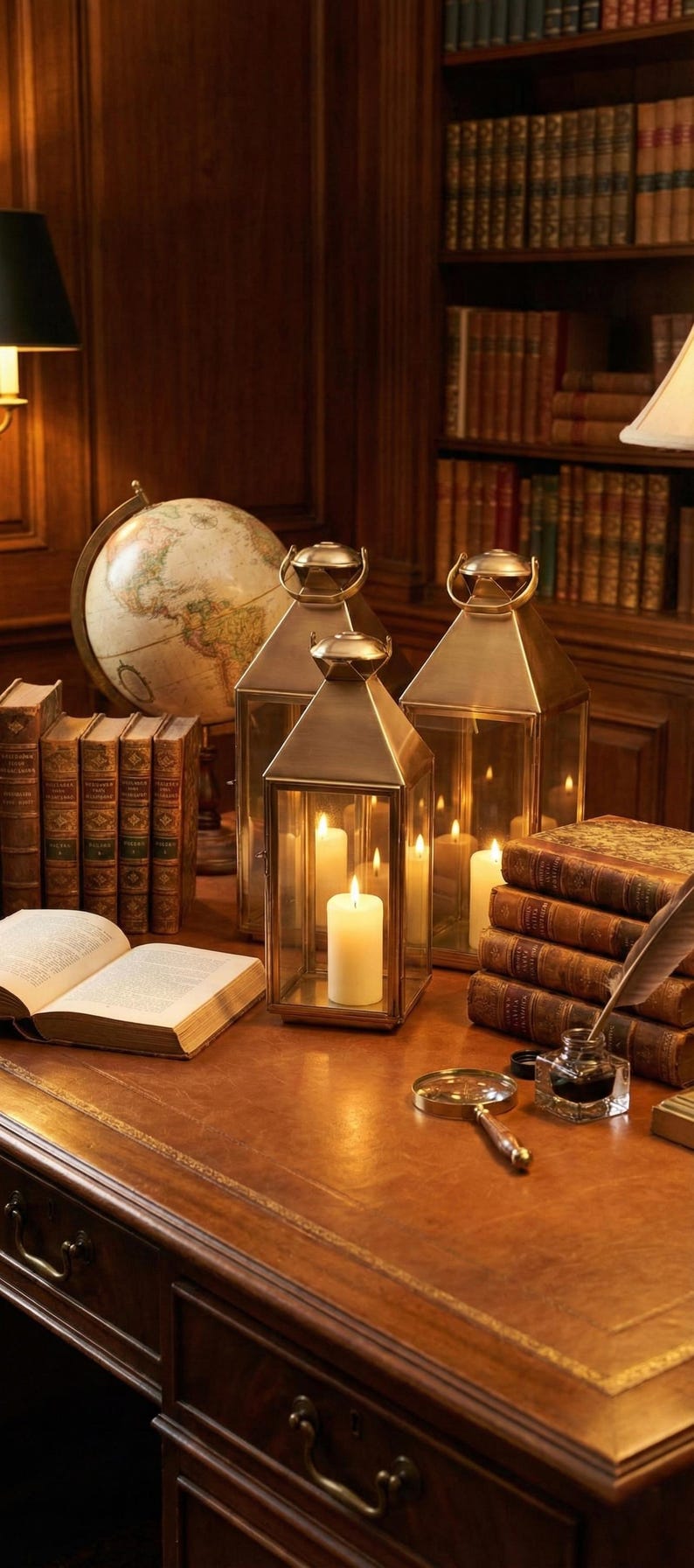 May include: A warm-toned image of a study with a globe, books, and lit lanterns. Three brass lanterns with lit candles sit on a leather desk. Books, a magnifying glass, and an inkwell complete the scene.