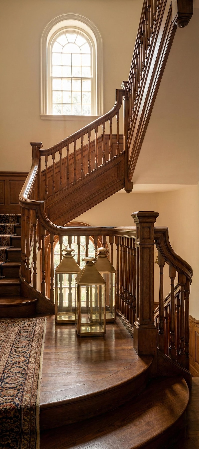 May include: A grand wooden staircase with a curved banister and balusters. Three gold lanterns with glass panels sit on the landing. A patterned rug covers the lower steps. A large arched window is visible.