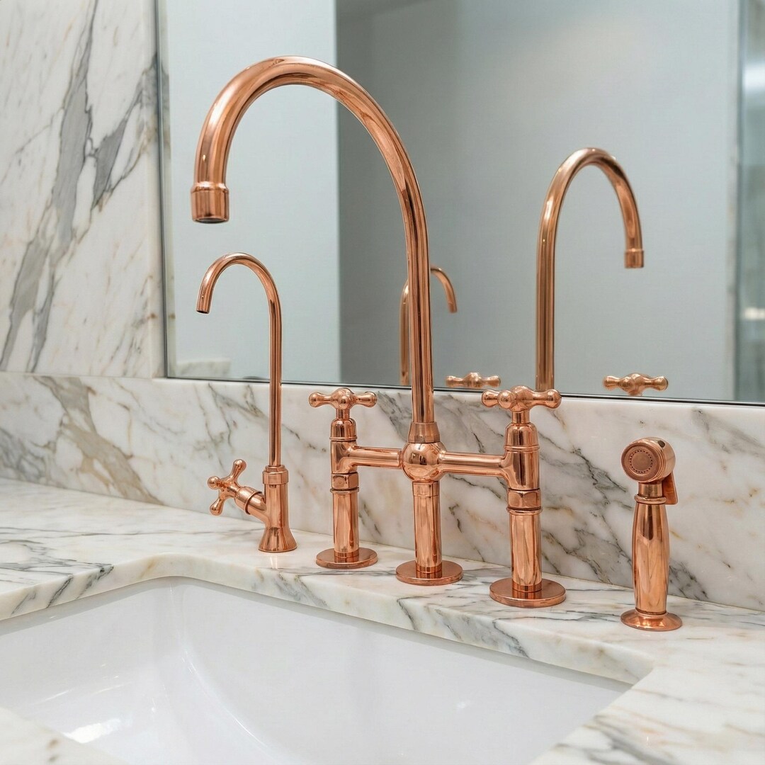 Solid Brass Farmhouse Kitchen Bridge Faucet With Sprayer and Cold Water ...