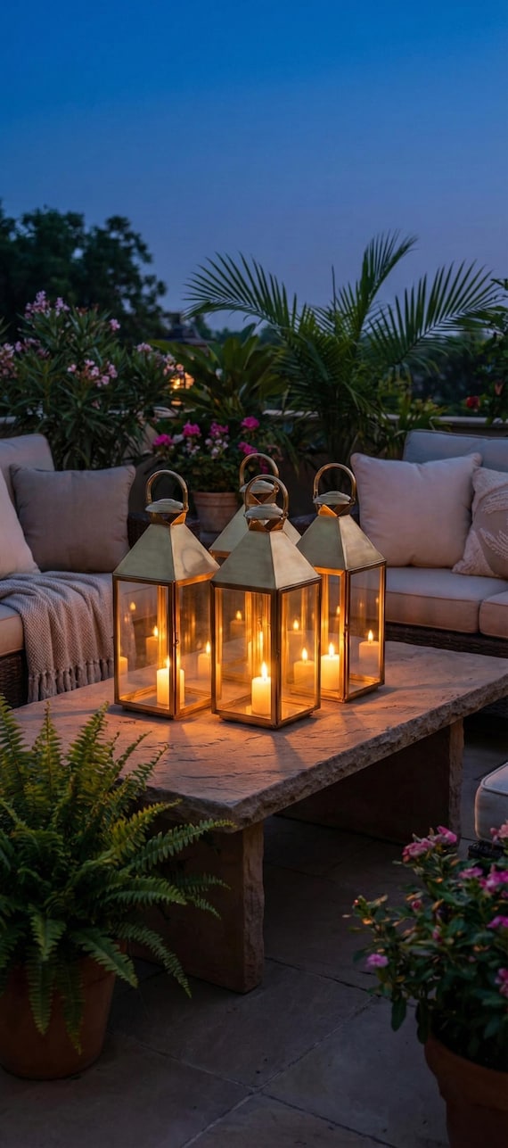 Handmade Solid Brass Lantern Candle Holder – Polished Glass Lantern for Indoor & Outdoor Decor
