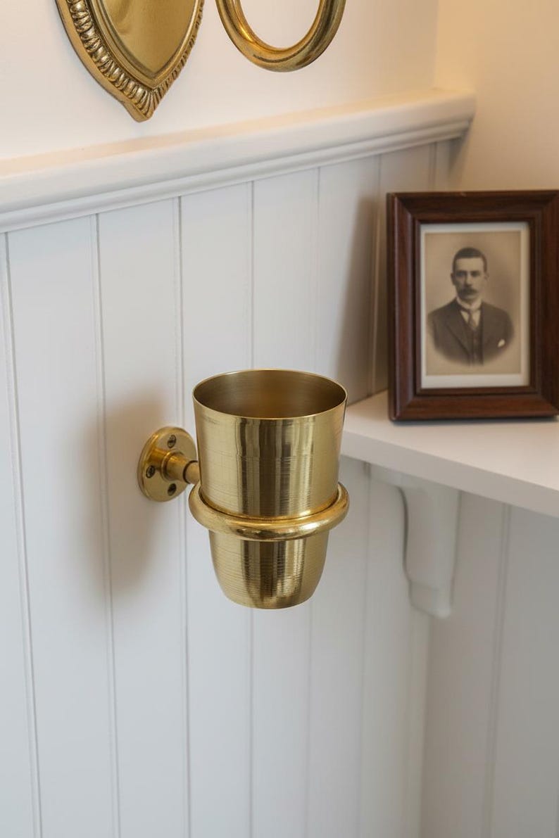 May include: A brass wall-mounted cup holder with a cylindrical design. The holder is attached to a round base with a small, decorative flange. The cup holder is mounted on a white, paneled wall. A framed portrait is visible on a shelf.