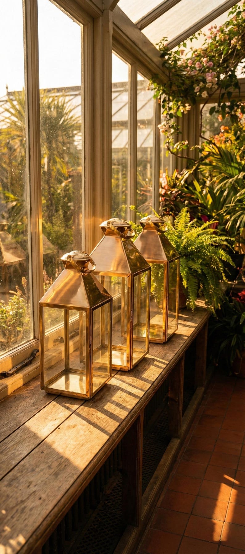 Handmade solid brass lantern candle holder with clear glass panels and polished brass finish