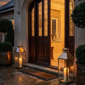 Handmade solid brass lantern candle holder with clear glass panels and polished brass finish