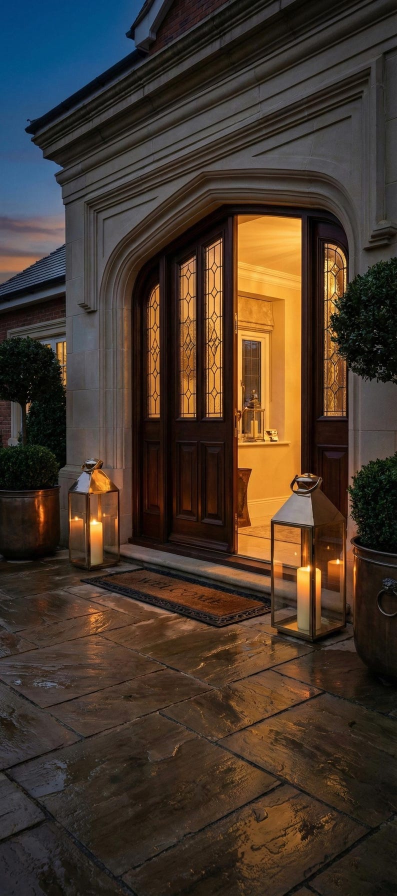 Handmade solid brass lantern candle holder with clear glass panels and polished brass finish