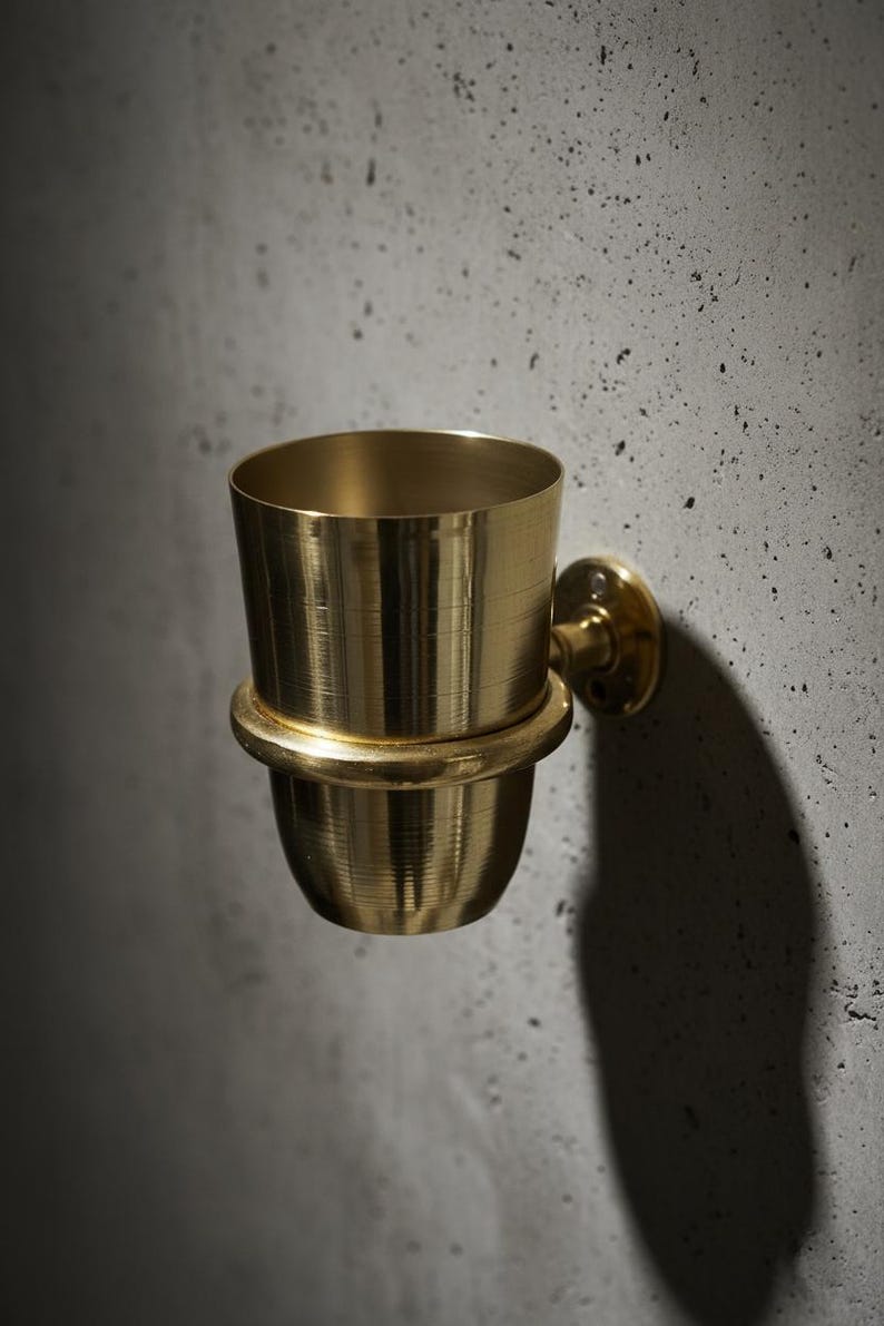 May include: A wall-mounted, brass-colored cup holder with a cylindrical upper section and a rounded lower section. The holder is attached to a circular wall mount. The design features a minimalist aesthetic.