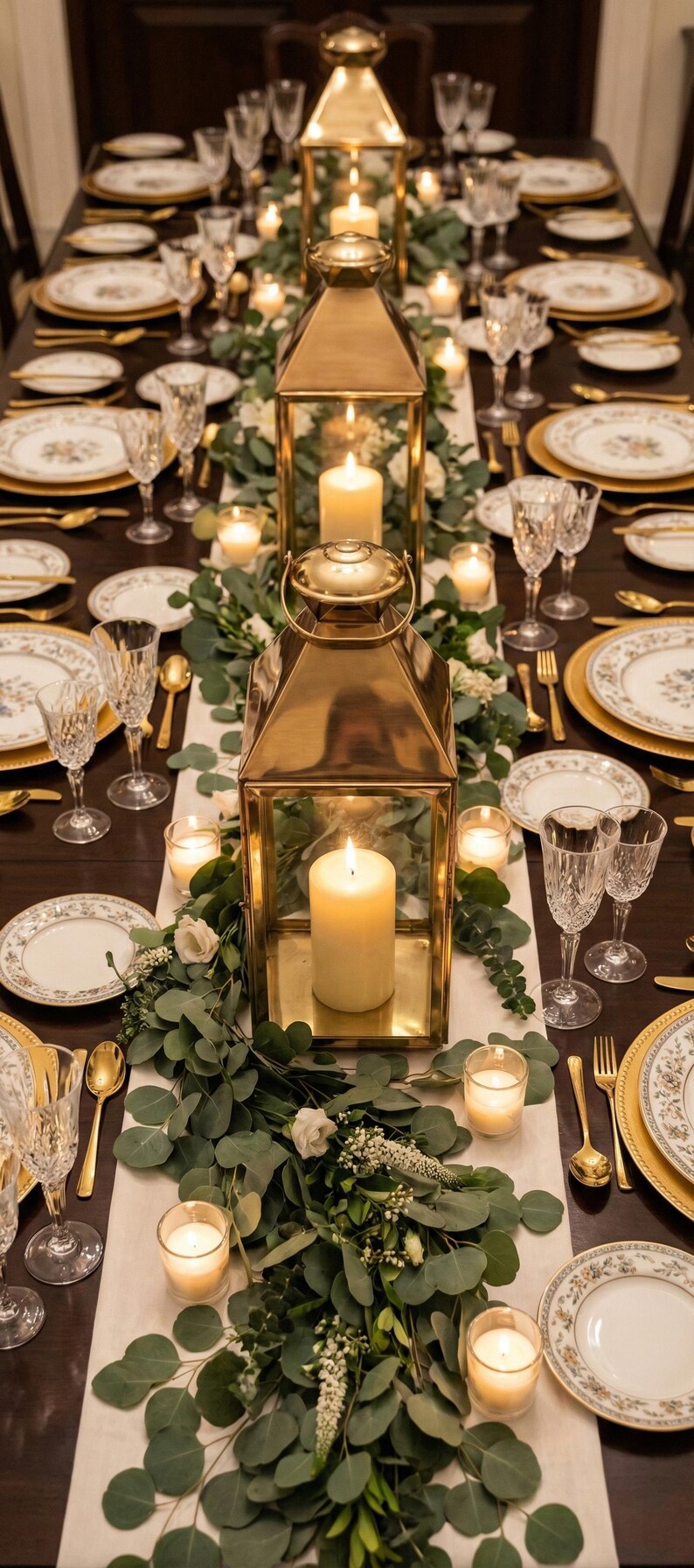 May include: Elegant table setting with gold lanterns, candles, and floral arrangements. The table is set with white plates with gold rims, gold silverware, and crystal glassware. A warm and inviting ambiance for a special occasion.