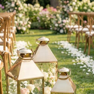 Handmade solid brass lantern candle holder with clear glass panels and polished brass finish