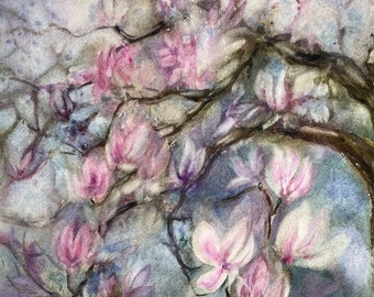 Magnolia albero pittura fiori opere d'arte originali fiori di primavera arte della parete rosa viola blu pittura ad acquerello 12,5" per 16" di VSlifeincolor