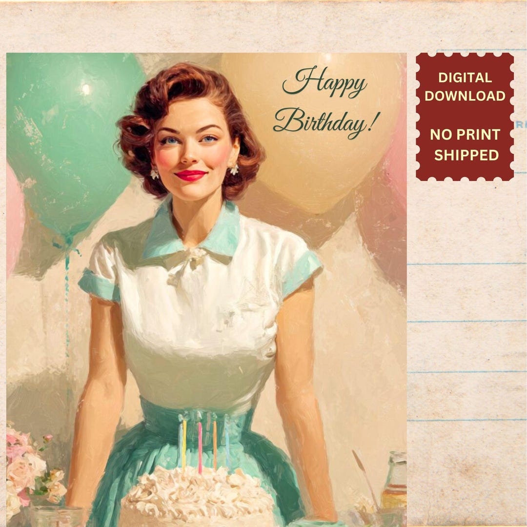 Vintage 1950s Pin-up Birthday Card – Retro Oil Painting (digital ...