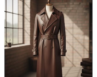 Vintage-Style Brown Leather Double-Breasted Trench Coat