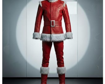 Kerstmanpak van echt leer: futuristisch rood kerstkostuum met rand van imitatiebont