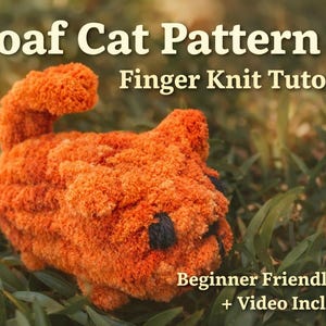 May include: An orange, finger-knitted cat, with black accents, sits in a bed of green grass. The image includes text that reads "Loaf Cat Pattern" and "Finger Knit Tutorial". The text also says "Beginner Friendly + Video Included".