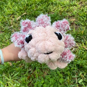 May include: A handmade plush axolotl toy in soft pink with white and pink accents. The axolotl has black eyes and a smiling mouth. The toy is made of a fluffy, textured material and is held against a background of green grass.