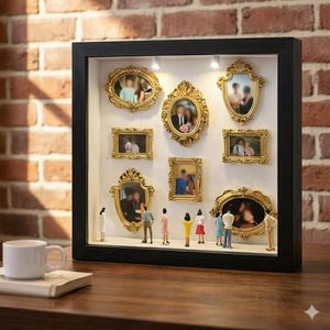 Może przedstawiać: Czarna ramka z dziewięcioma złotymi, ozdobnymi ramkami na zdjęcia, każda z fotografią. Miniaturowe figurki stoją pod ramkami. Biała filiżanka do kawy i książka znajdują się na drewnianej powierzchni przed ceglaną ścianą.