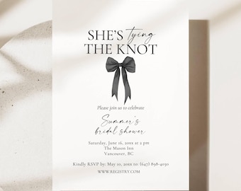 Shes Tying The Knot Invitation, Black Bow Bridal Shower Invite, Editable Template Digital Download AB10