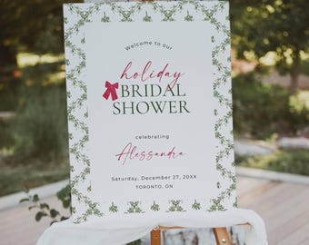 Holiday Bridal Shower Welcome Sign, Christmas Bridal Shower Sign Template, Printable Bow Welcome Poster, Festive Winter Decor AB09