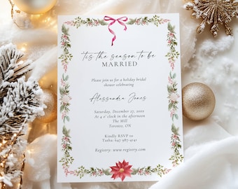Tis The Season Christmas Bridal Shower Invitation, Holiday Shower Digital Invite, Printable Winter Wedding Card 5x7 AB08