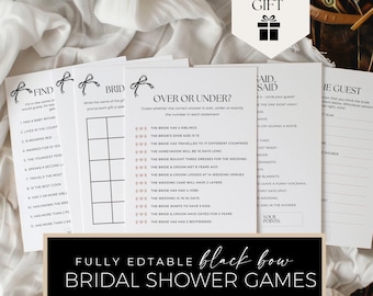 Black Bow Bridal Shower Games, She's Tying the Knot Bundle, Printable Shower Activity Cards, Editable Canva Templates AB06
