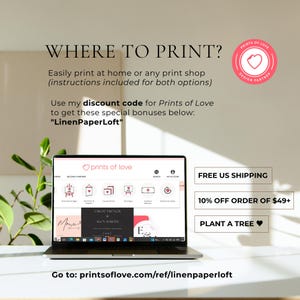 May include: A laptop displays the Prints of Love website, showcasing various design options. Text on the screen includes "Menu" and "Chloe French & Alex Martin." Additional text reads "Where to Print?" and "Use my discount code for Prints of Love." The image also promotes free shipping and a discount.