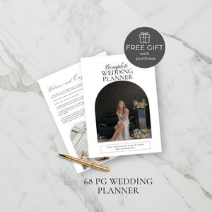 May include: A complete wedding planner with the text "Complete Wedding Planner" and "Stay Organized & Plan Your Dream Wedding". The planner includes a photo of a woman in a white dress. A gold pen and a free gift icon are also visible.