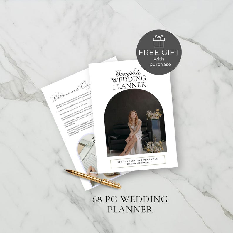 May include: A complete wedding planner with the text "Complete Wedding Planner" and "Stay Organized & Plan Your Dream Wedding". The planner includes a photo of a woman in a white dress. A gold pen and a free gift icon are also visible.