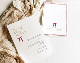 Holiday Bridal Shower Invitation, Tis The Season To Be Married Invites, Christmas Shower Party Invitation,  Winter Bow Card Template AB09