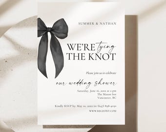 Tying The Knot Shower Invitation, Wedding Shower Invite Template, Black Bow Engagement Card, Digital Download AB10